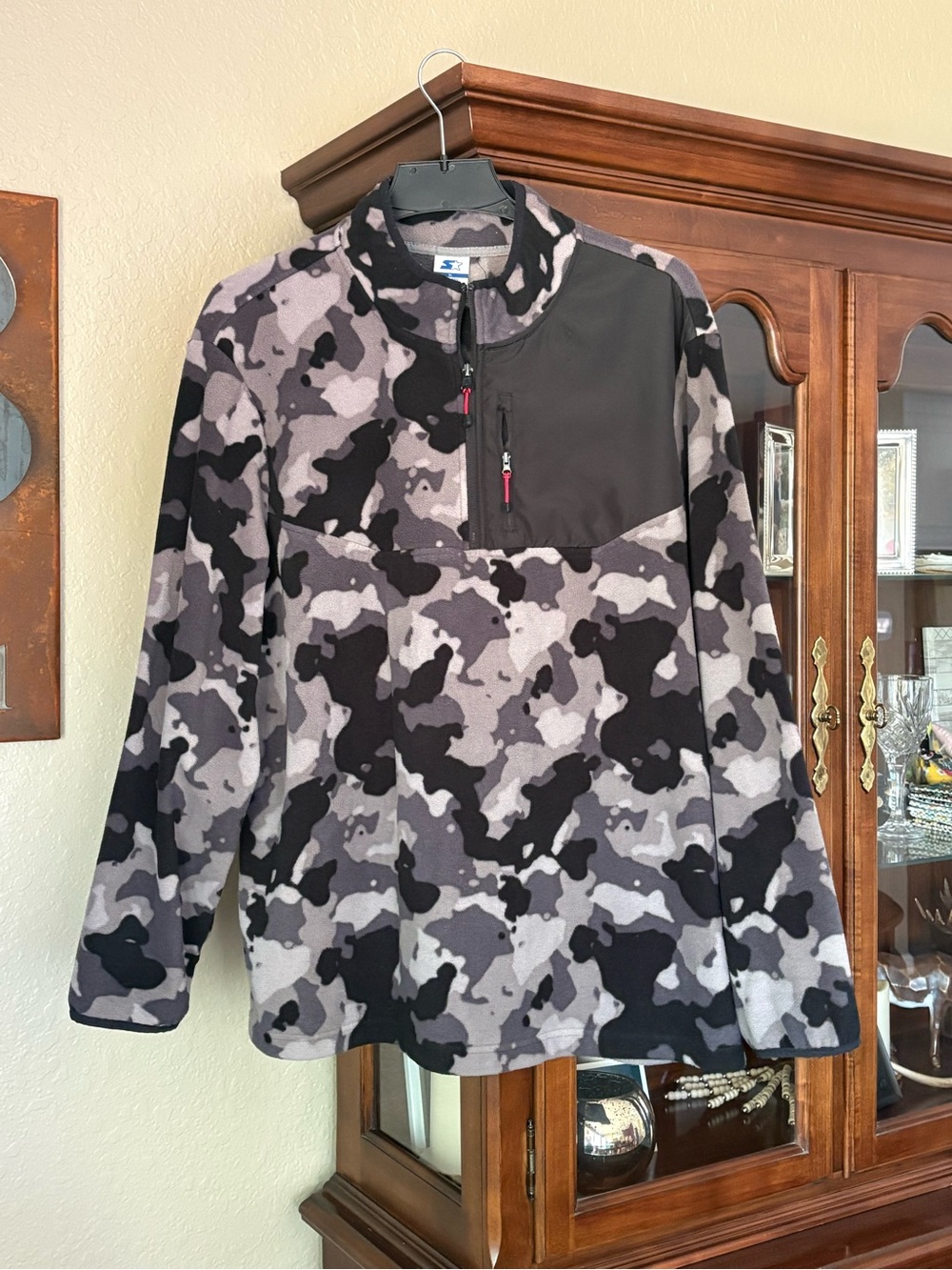 Vintage Men's Starter Gray and Black Camo Pullover Fleece Jacket XL